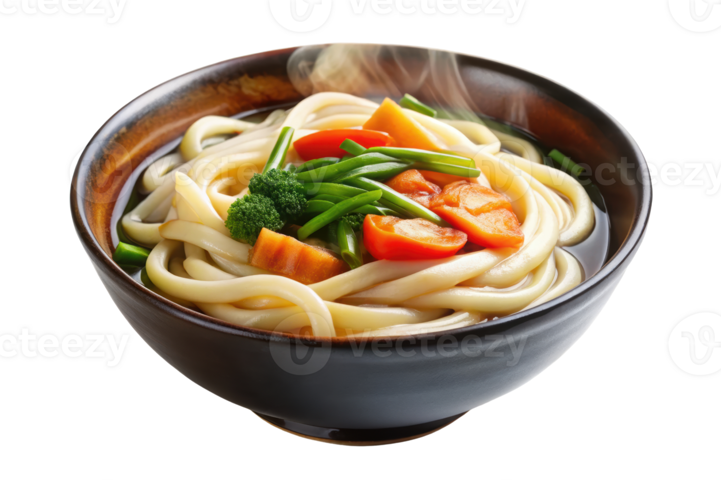 Steaming bowl of Japanese udon noodle soup with vegetables isolated on a transparent background png