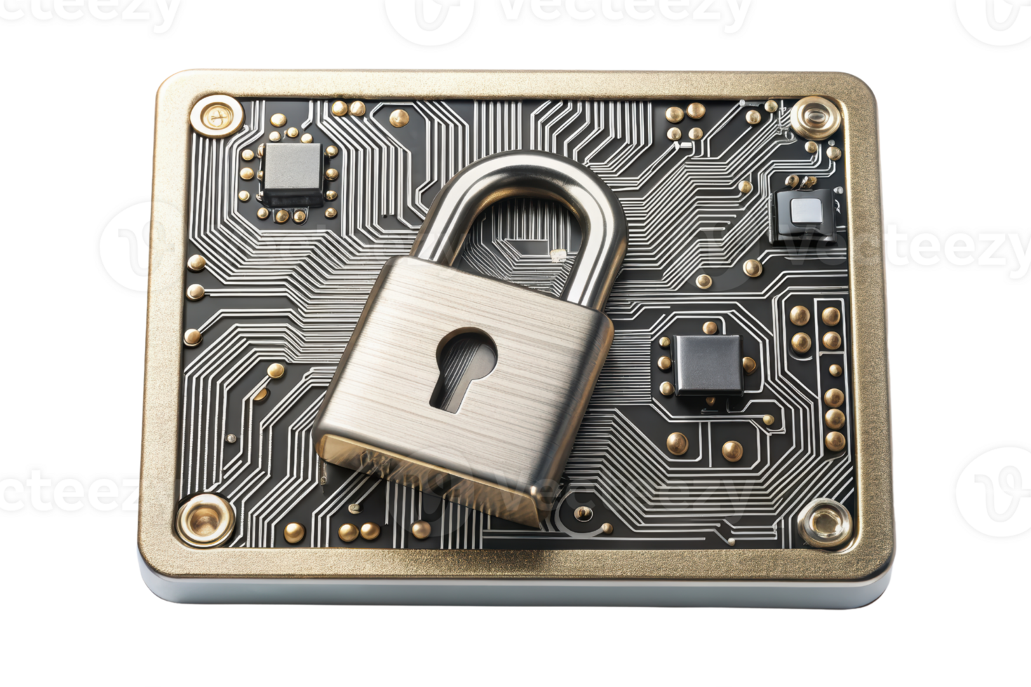 Secure lock placed on a circuit board background isolated on a transparent background png