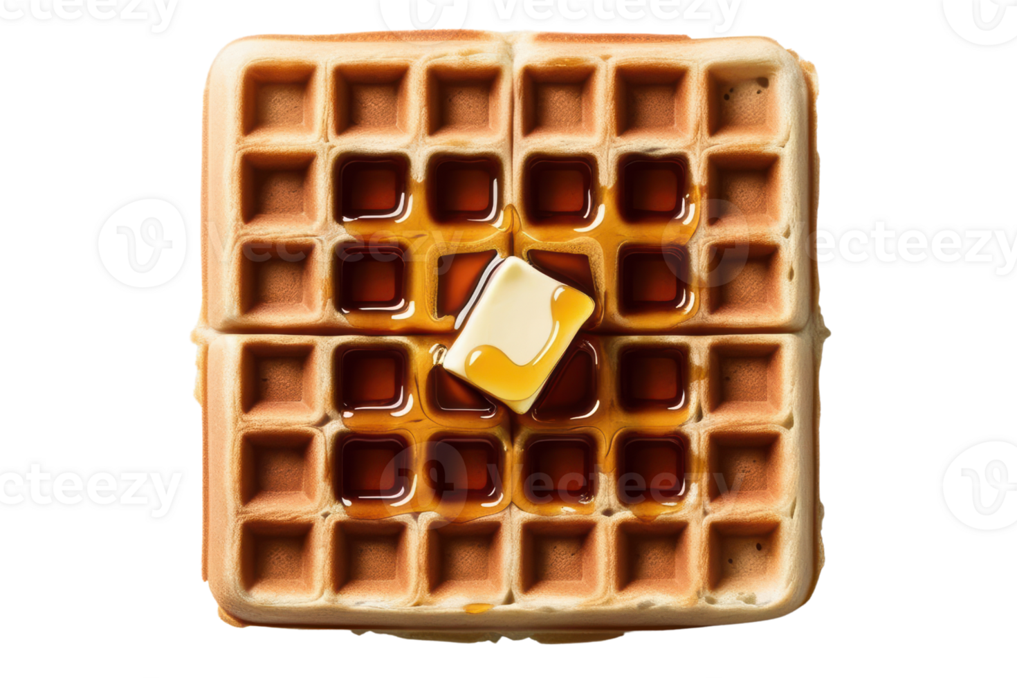 Square waffle topped with butter and syrup isolated on a transparent background png