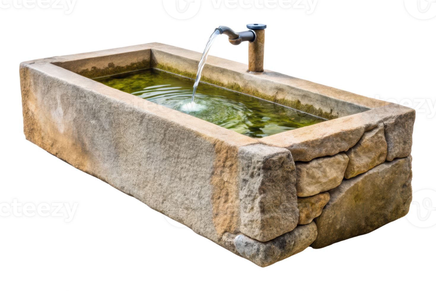 Antique stone trough fountain with running water tap isolated on a transparent background png