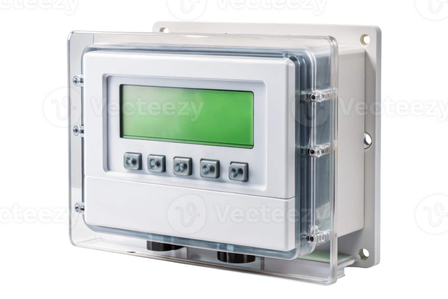 Weatherproof control panel with digital display and buttons isolated on a transparent background png