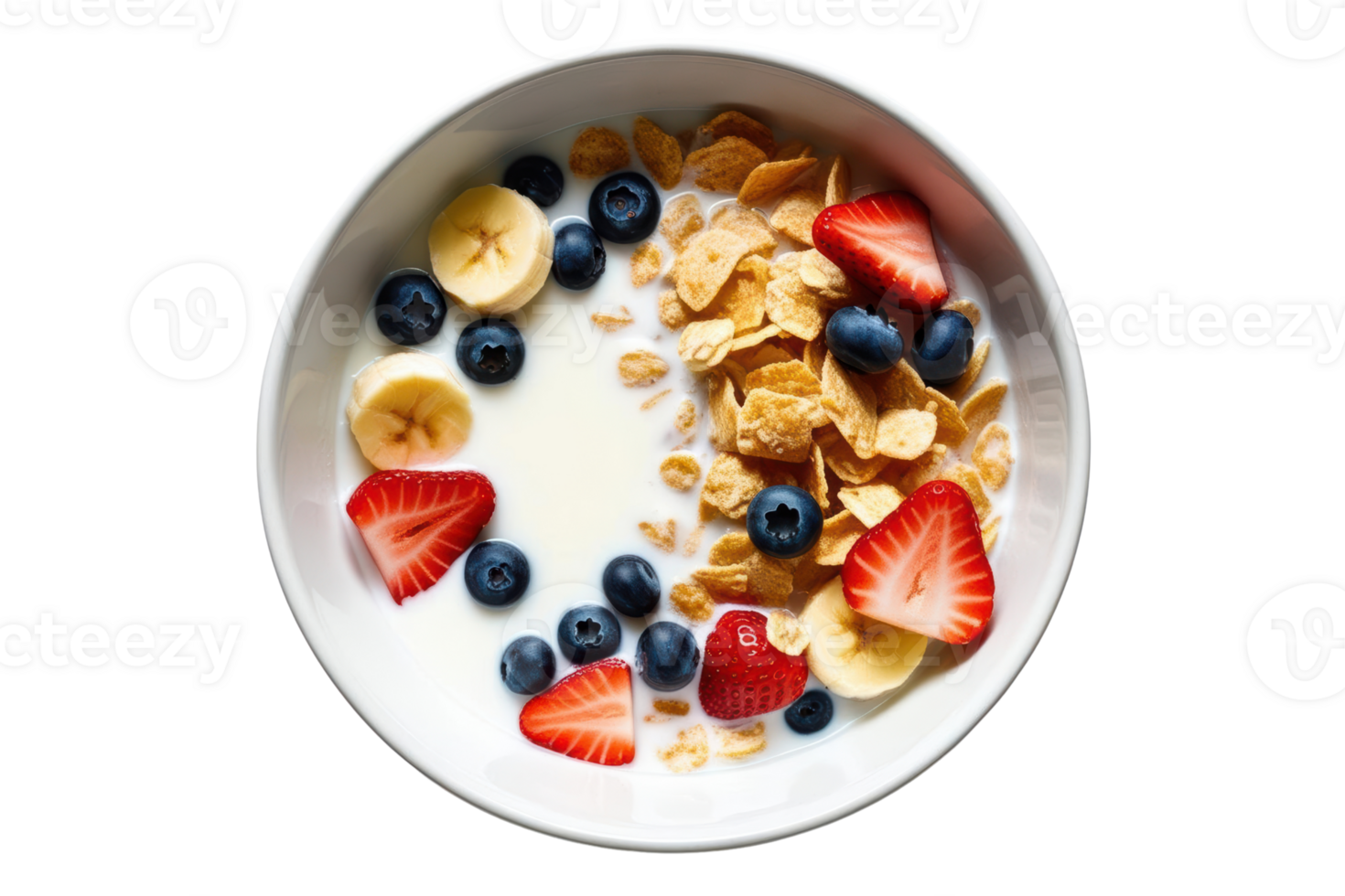 Healthy breakfast cereal bowl with milk and fresh fruit isolated on a transparent background png