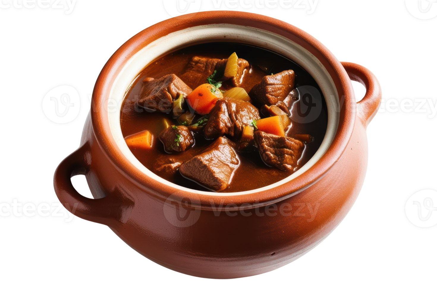 Hearty beef stew served in a traditional clay pot isolated on a transparent background png