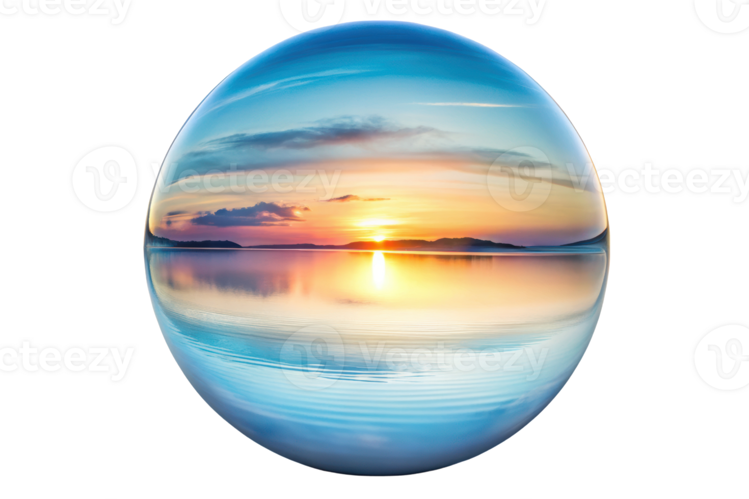 Crystal-clear sphere reflecting a serene sunset over calm water on a transparent background png