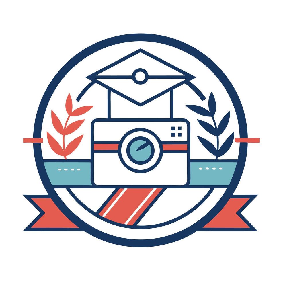 Stylish minimalist logo design for a photography school showcasing a camera and academic elements symbolizing education in photography vector