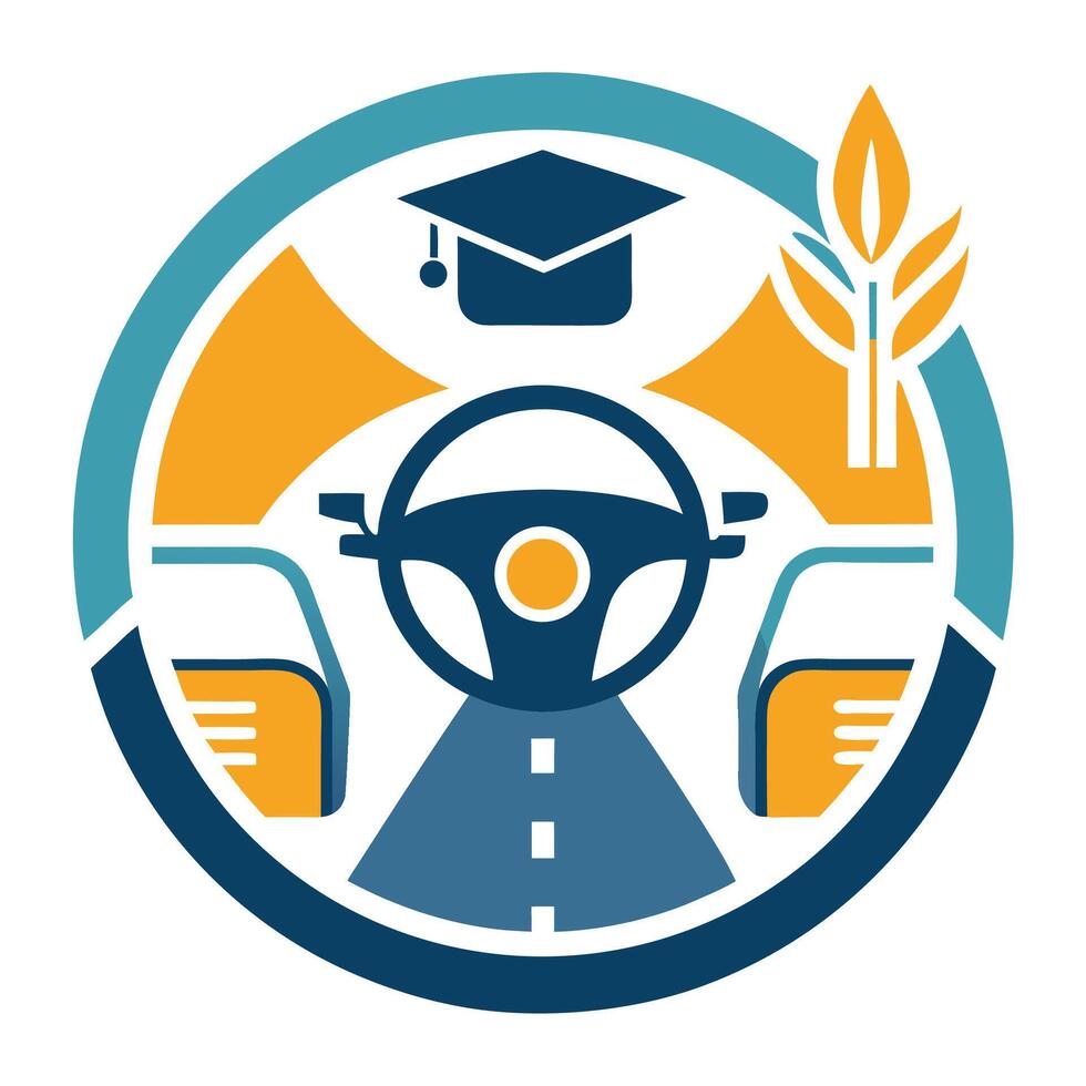 Minimalist logo design for driving school emphasizing education and safe driving practices with steering wheel and graduation cap elements vector