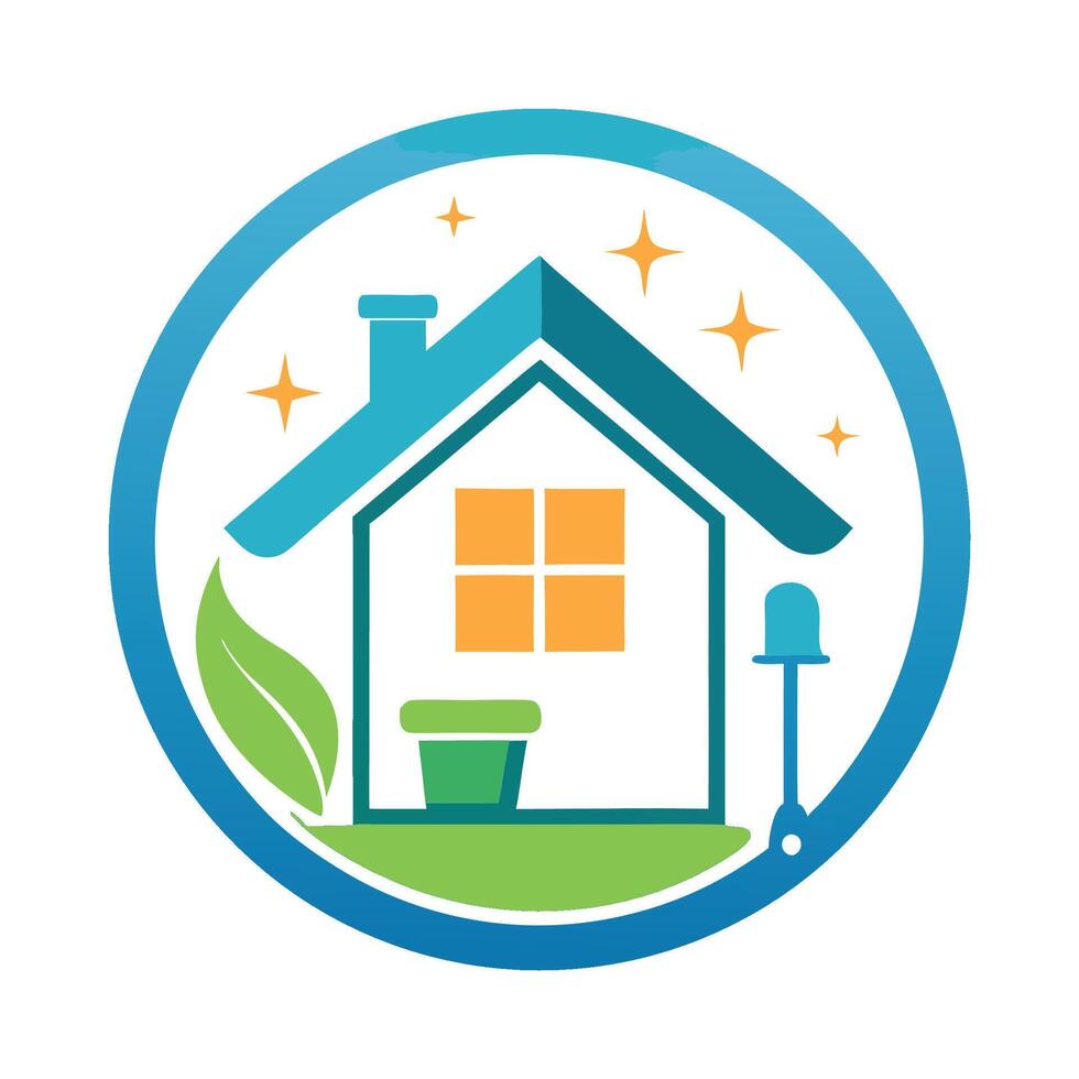 Fresh minimalist logo design for a house cleaning service featuring a clean house, green leaf, and sparkling elements, symbolizing cleanliness and care vector