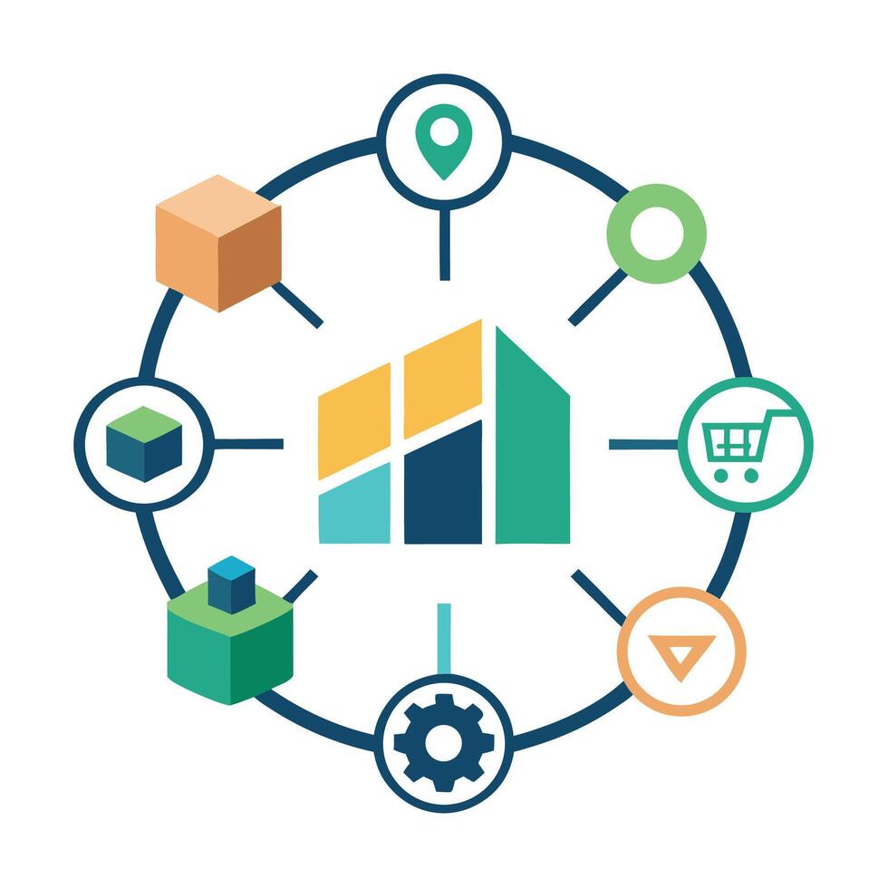 Connected minimalist logo representing supply chain management with geometric shapes and circular layout vector