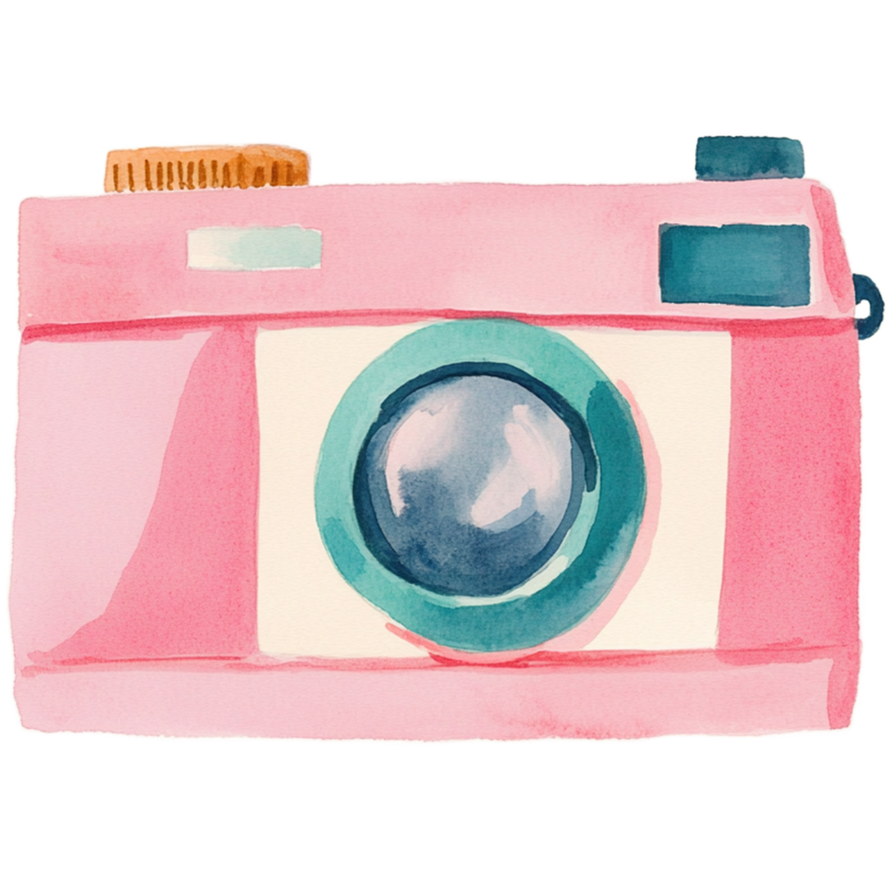 A watercolor painting of a pink camera png