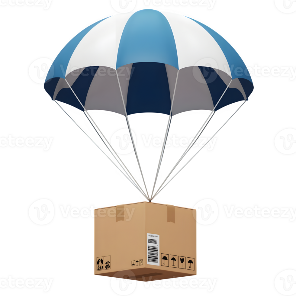 Cardboard box floating with parachute on a transparent background png