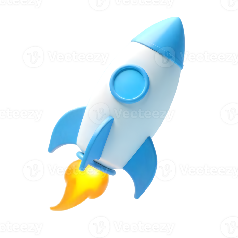 3d render of white and blue rocket with flames on transparent background png