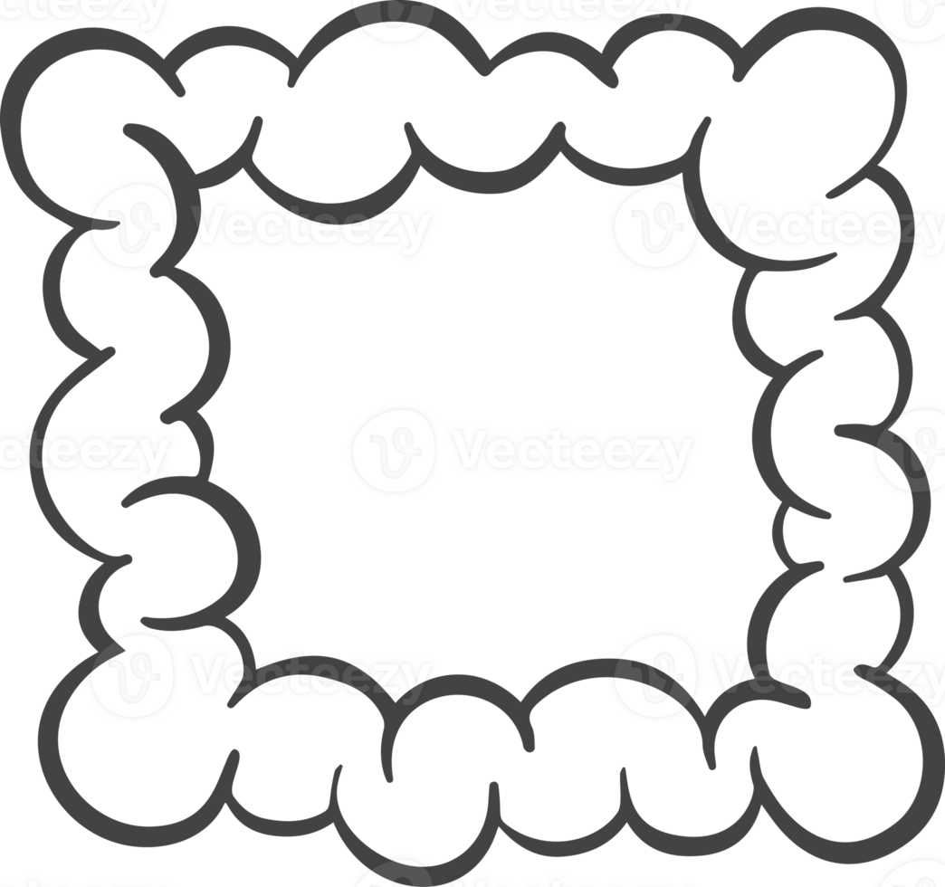 Abstract cloud shape. Funky playful element of graffiti soap suds. Retro blob of cartoon bubbles. Groovy outline manga smoke. Funny square frame png