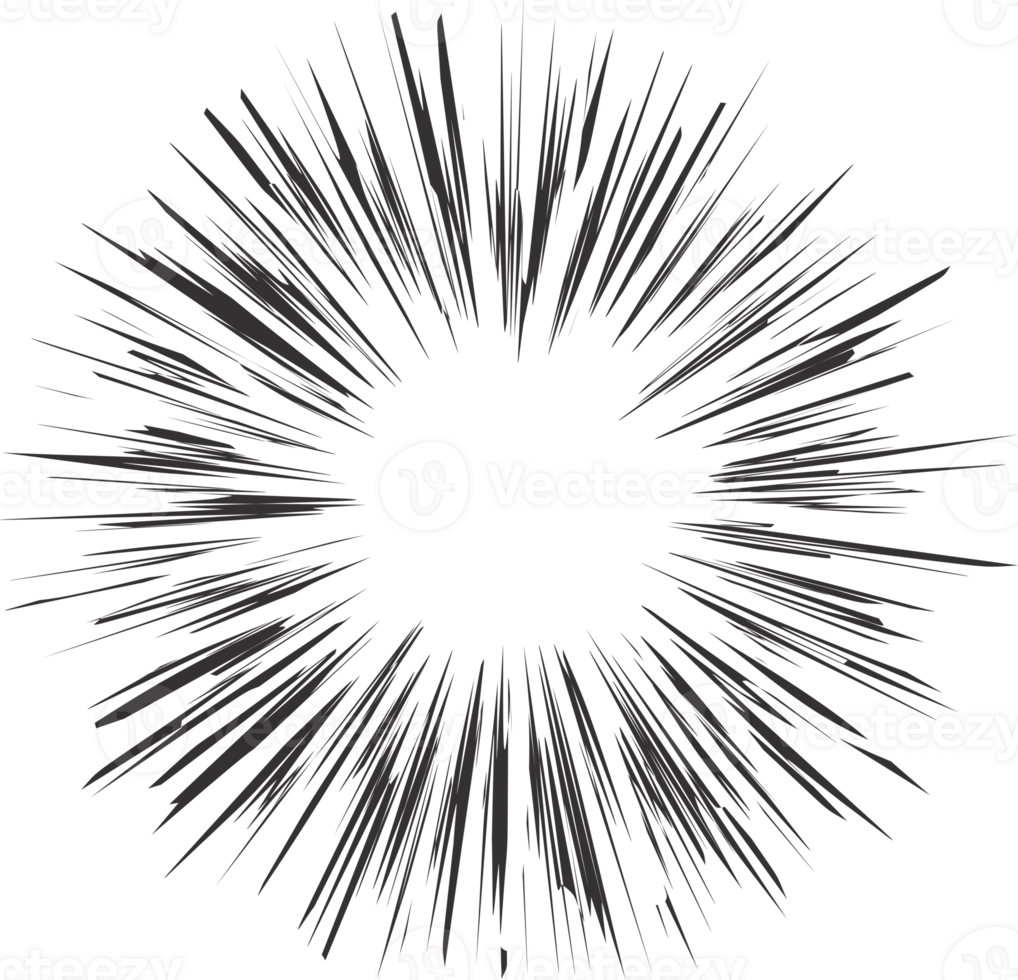 Comic speed lines. Manga radial explosion effect. Anime burst. Perspective motion of rays. Superhero frame. Abstract blast scream and glow. Center of impact. png