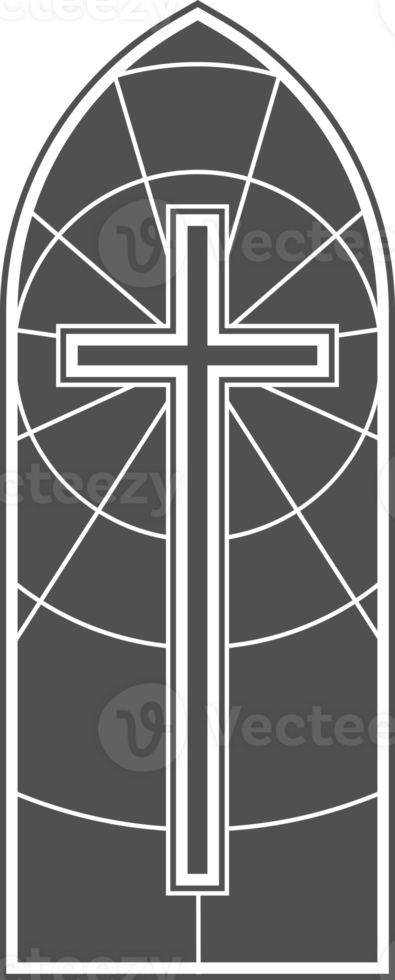 Gothic church window frame with medieval pattern. Stained glass cathedral arch. Vintage catholic architecture element. Renaissance outline decorations with cross png