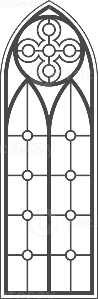 Church window with stained glass pattern. Cathedral vintage arches. Silhouette of castle frame. Catholic border architecture element png