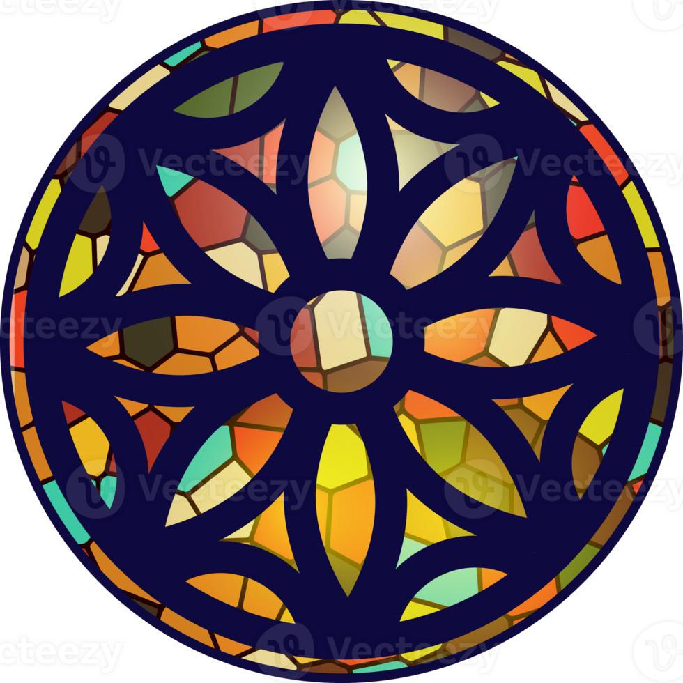 Gothic circle rose window. Cathedral and castle rosettes with medieval ornament. Christian architecture element with color stained glass. Radial frame png