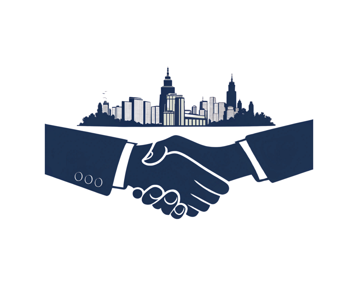 A hand shaking over a city skyline png