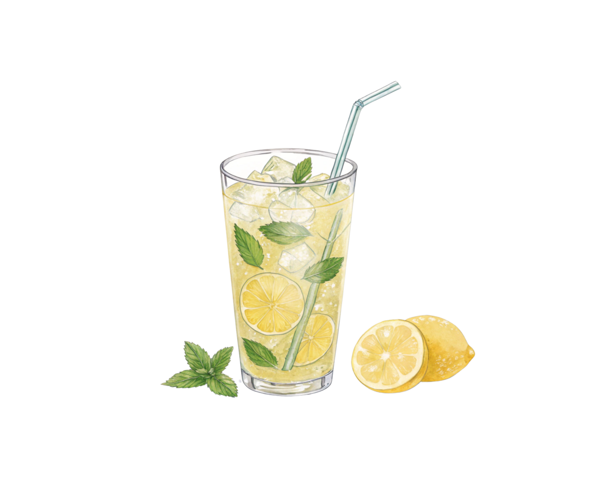 A glass of lemonade with a straw and a slice of lemon png