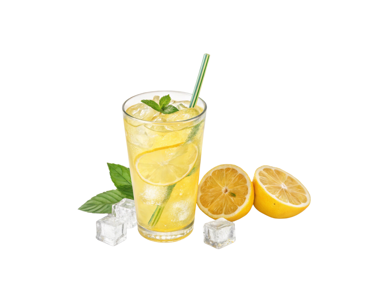 A glass of lemonade with ice cubes and lemon slices png