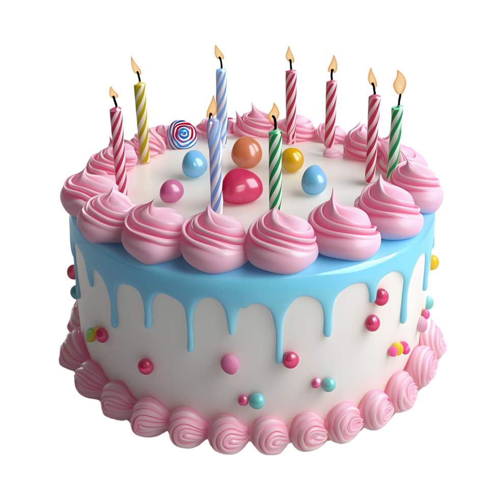 Frosted Cake with Candles, Pink Swirls, Blue Drip, Sprinkles on Transparent Background png