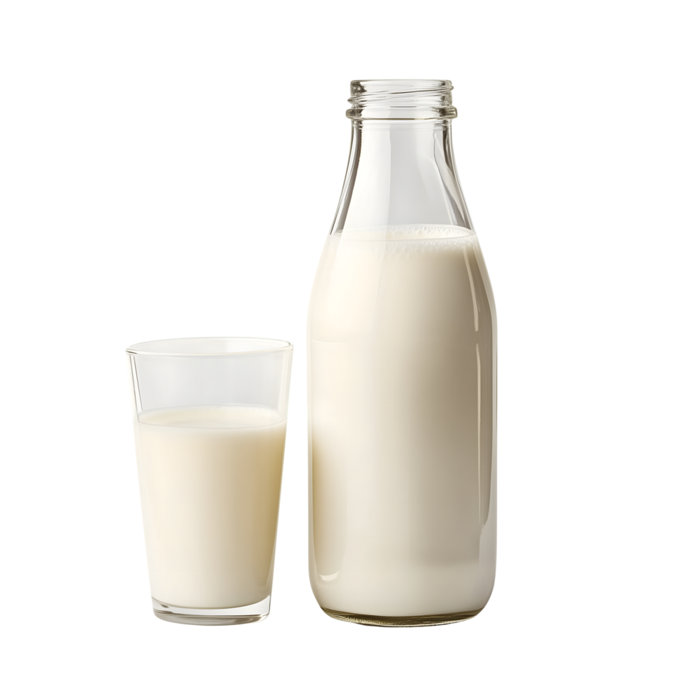 Glass of Milk and a Full Bottle with Transparent Background Close Up Shot png