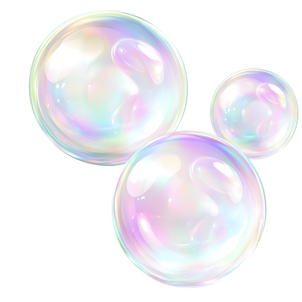 Set of Three Iridescent Soap Bubbles Floating on Transparent Background png