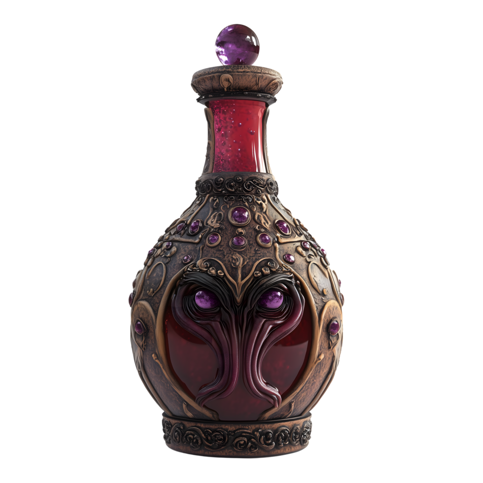 Ornate Vessel with Gems and Eyes on Transparent Background, Ornamental Elixir Bottle png