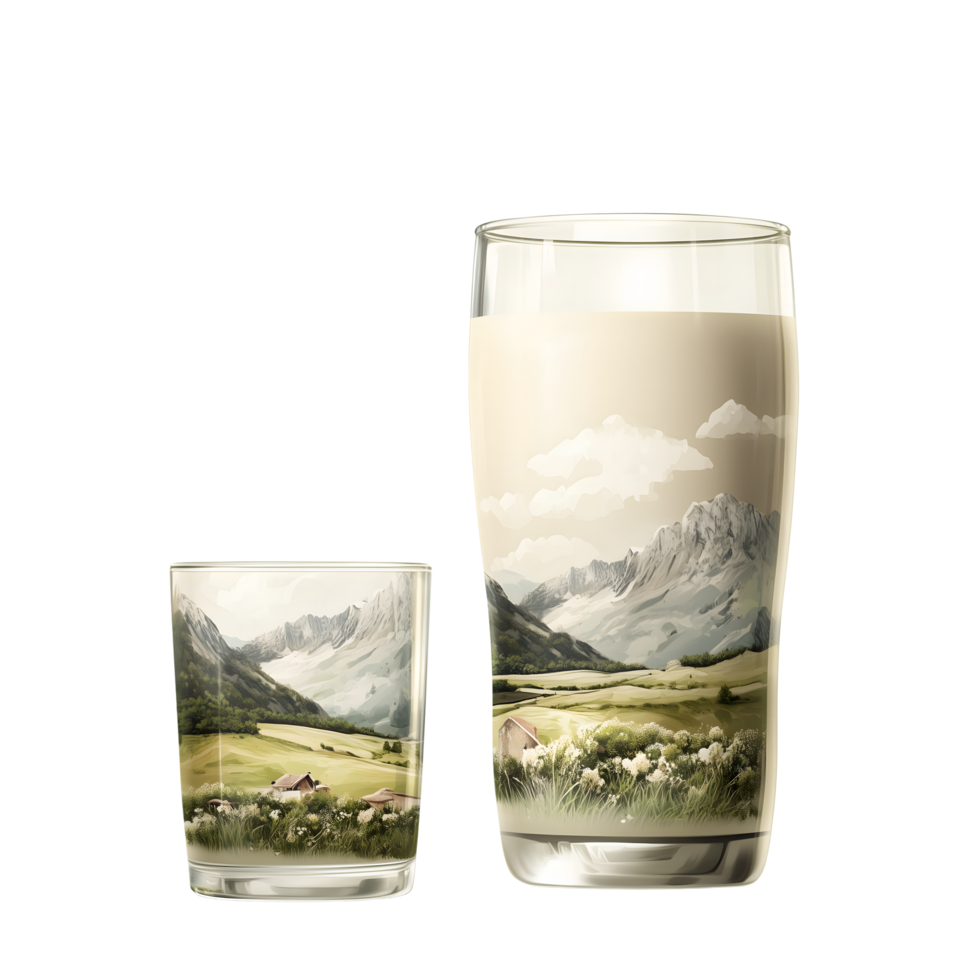 Glass Landscape Art, Mountain and Farm Scenery,Transparent Field View, Countryside, Two Glasses png