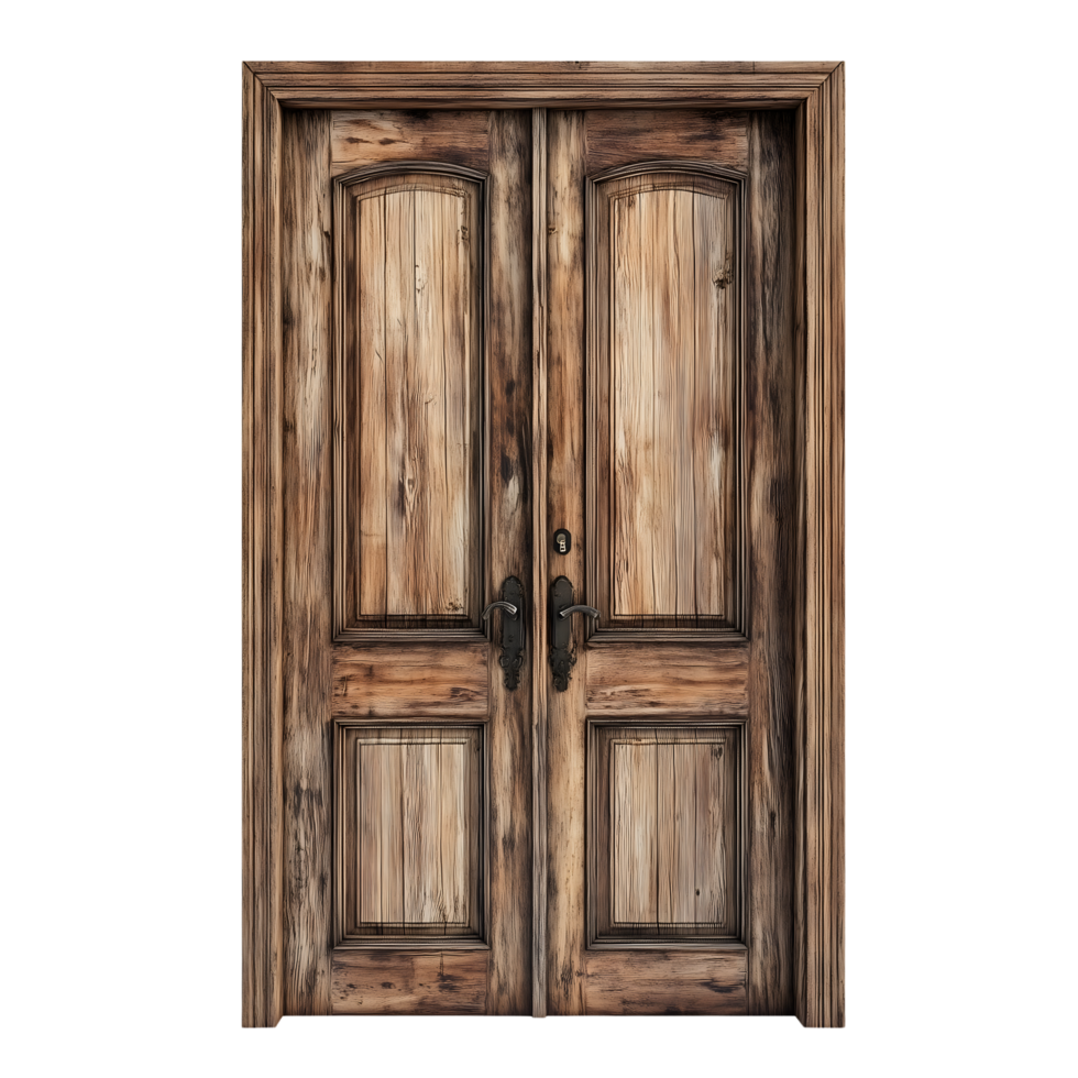 Detailed Rustic Wooden Double Door with Ornate Iron Handles on Transparent Background png