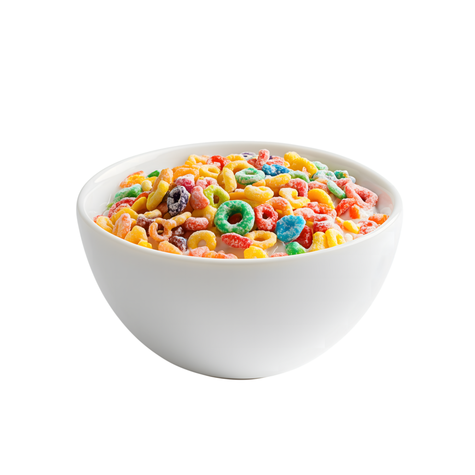 Fruity Cereal Rings in White Bowl, Sweet Breakfast, Delicious, Transparent Background png