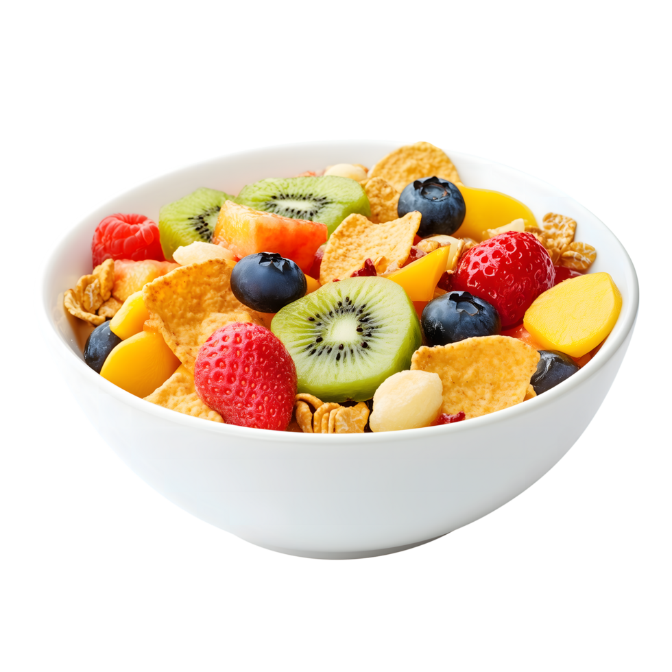 Fresh Fruit Cereal Mix in White Bowl on Transparent Background Macro View png