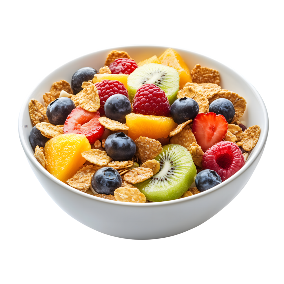 Healthy Breakfast White Bowl with Cereal Flakes, Fresh Fruits on Transparent Background png