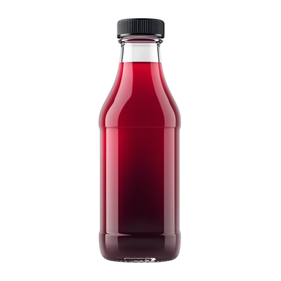 Clear Glass Bottle Filled With Shiny Red Liquid and Black Cap on Transparent Background png