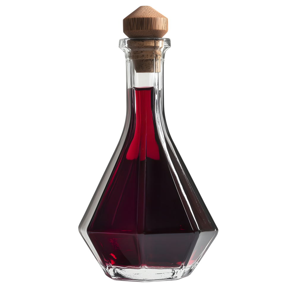 Decanter with Geometric Base, Wooden Cork, and Red Liquid against Transparent Backdrop png