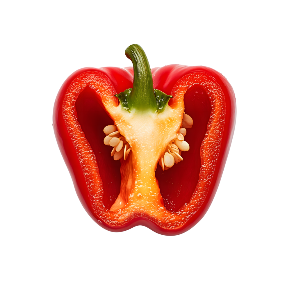 Sliced Red Bell Pepper Half Seeds Detail on Transparent Background Closeup png