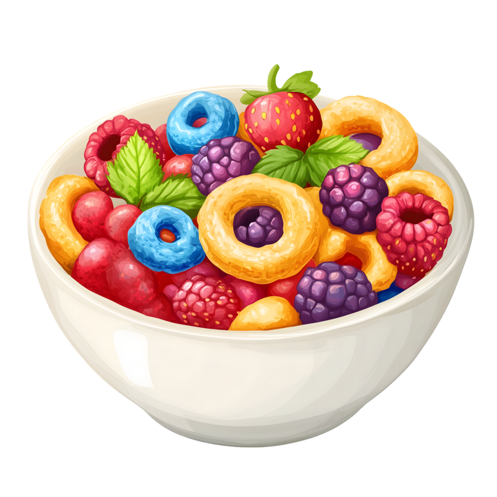 Colorful Bowl with Assorted Berries, Cereal and Mint Leaves on Transparent Background png