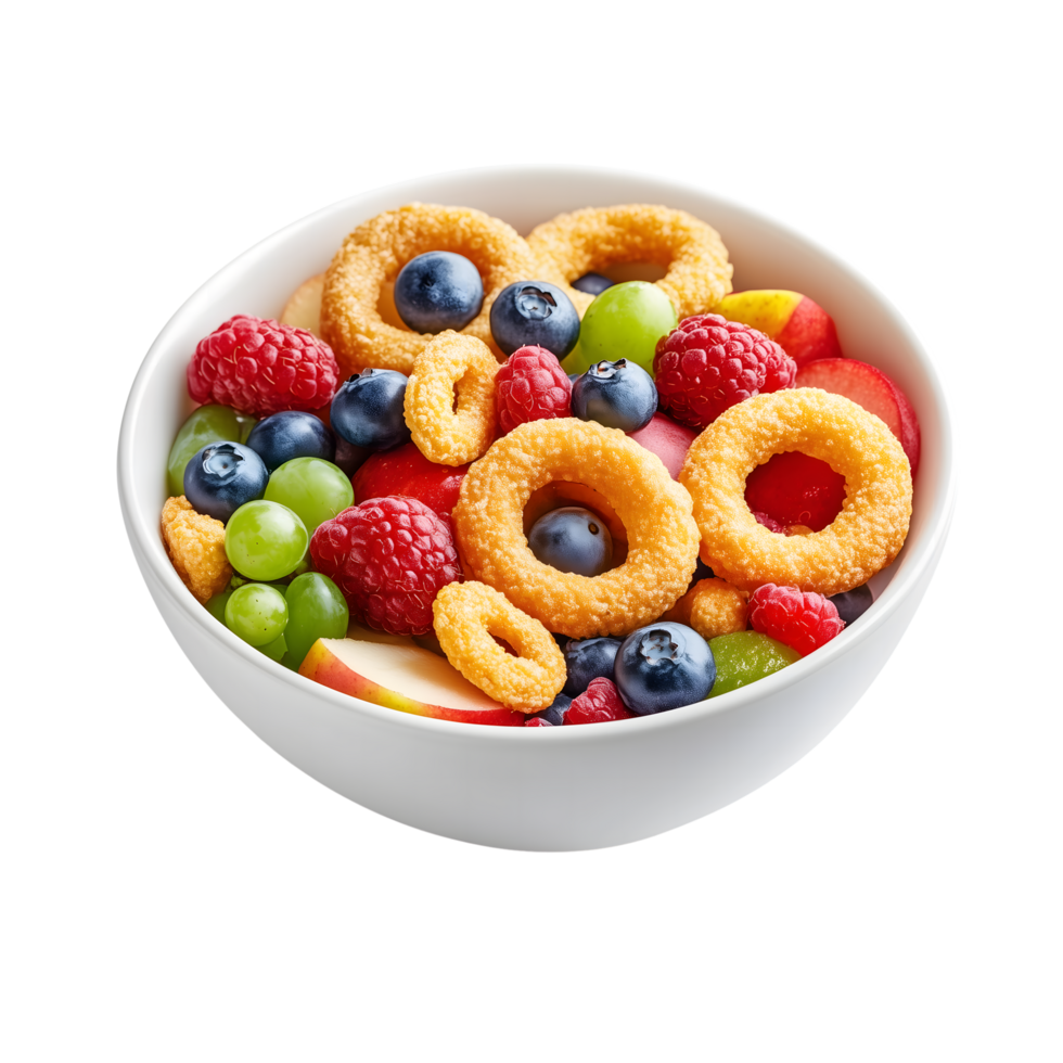 Fresh Fruit Mix in Bowl with Cereal Rings Isolated on Transparent Background png