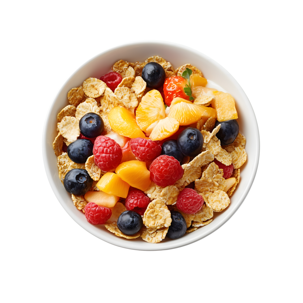 Cereal Bowl with Fruits, Strawberries, Raspberries, Blueberries on Transparent Bg png