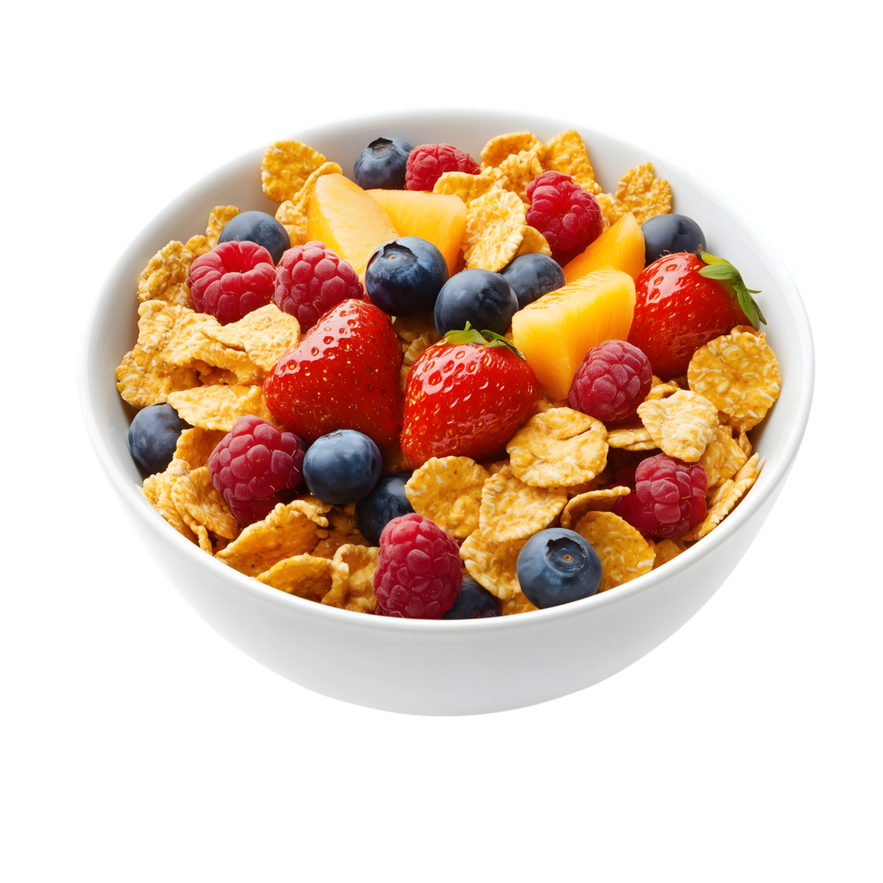 Cereal Flakes with Berries and Peach in White Bowl on Transparent Background png