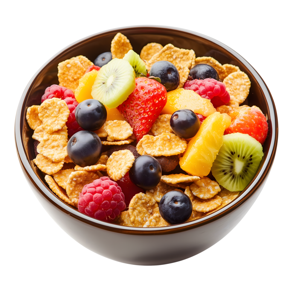 Bowl of Cornflakes with Strawberries, Raspberries, Kiwi, and Blackberries on Transparent Background png