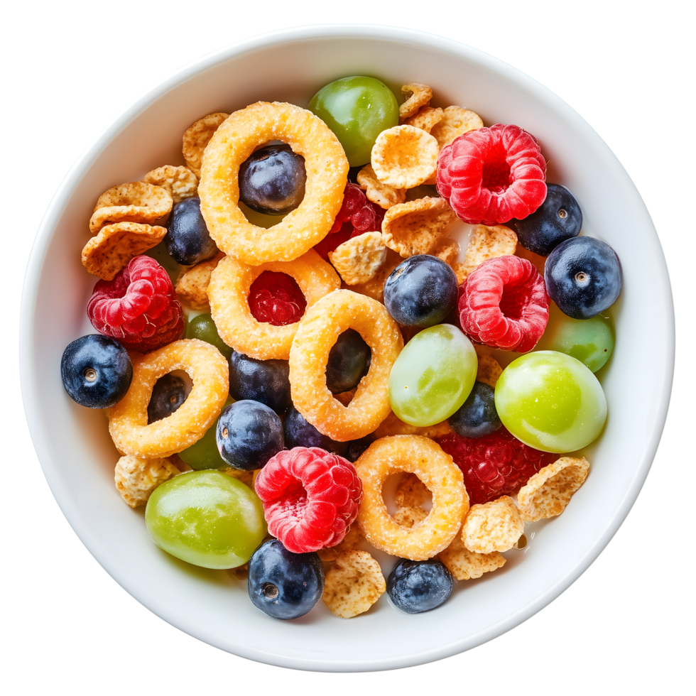 Colorful Breakfast Bowl Cereal Rings, Raspberries, Blueberries and Green Grapes Mix png