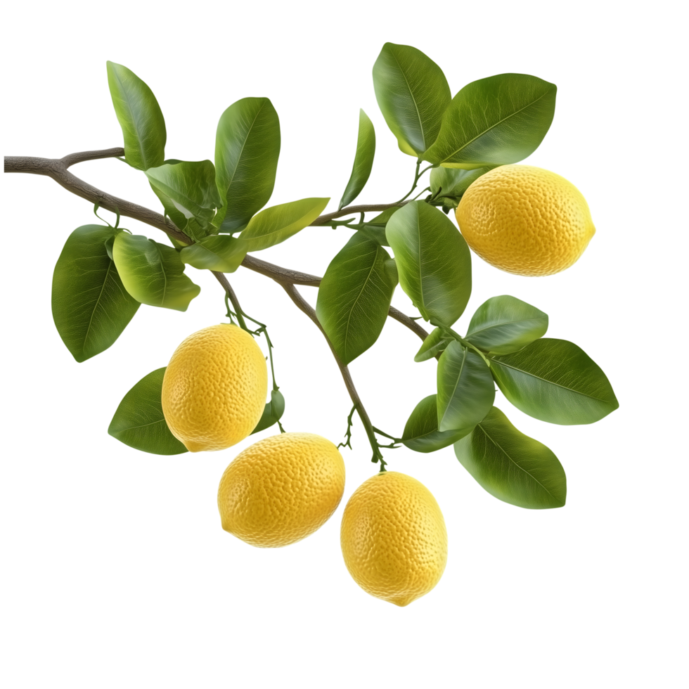 Branch with Lemons and Green Leaves on Transparent Background, Citrus Fruit png