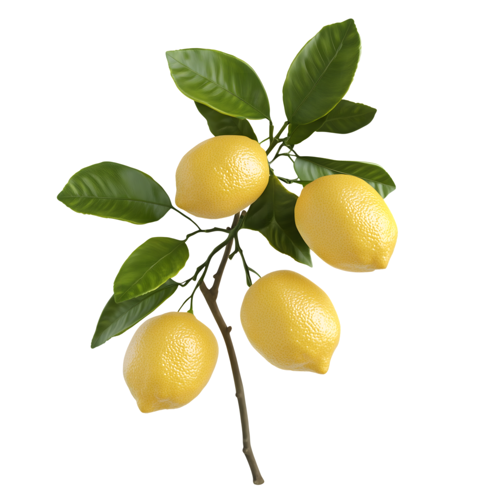 Lemon Branch with Leaves Isolated on Transparent Background, Ripe Yellow Citrus png