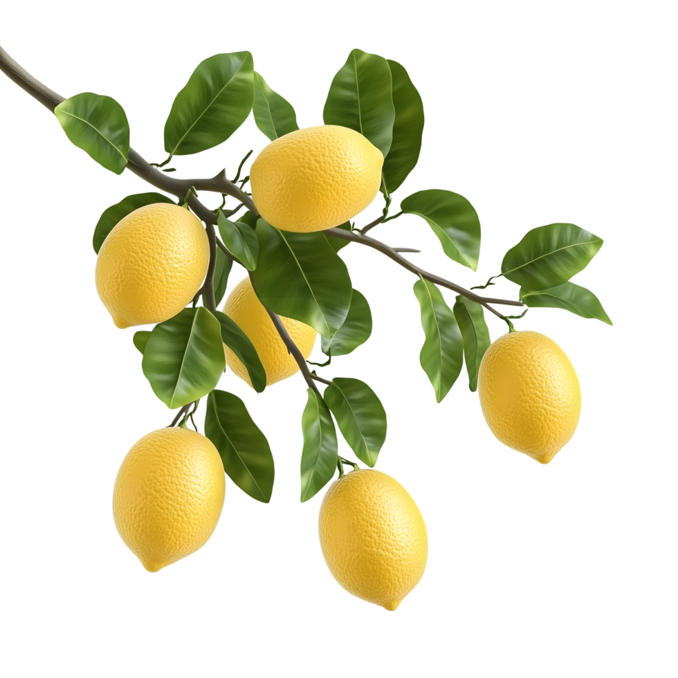 Lemon branch with leaves featuring fresh yellow citrus on transparent background png