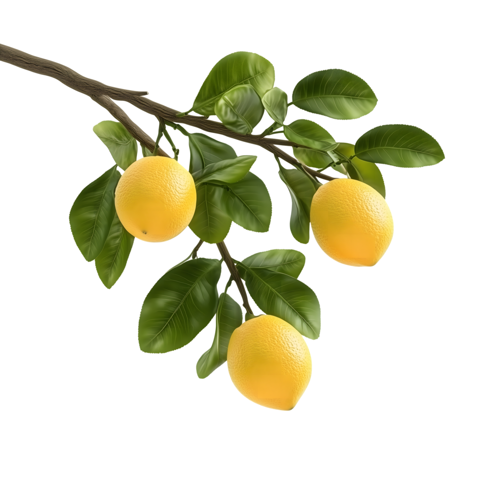 Lemon branch with leaves on transparent background studio shot rendering png