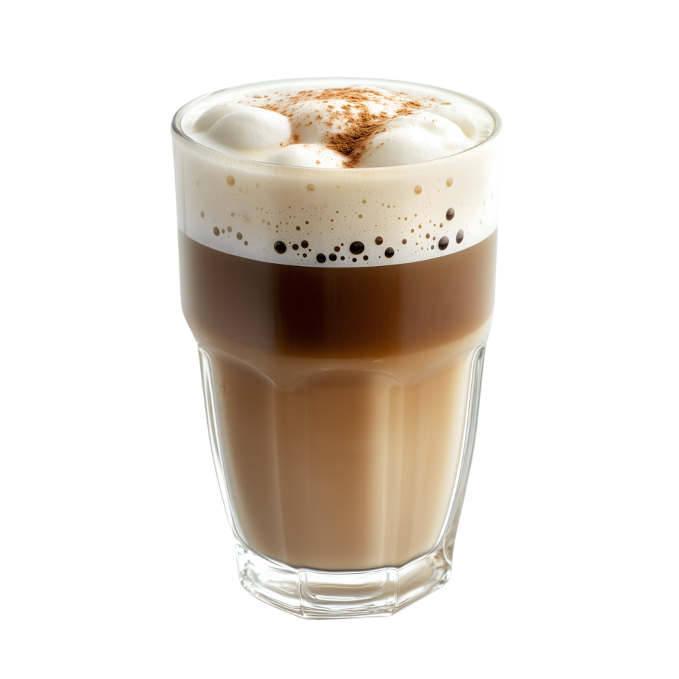 Layered Coffee Drink with Cinnamon Powdered Foam in a Glass on transparent background png