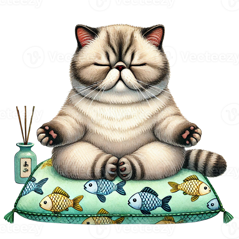 A peaceful and meditative cat sitting on a colorful pillow. png