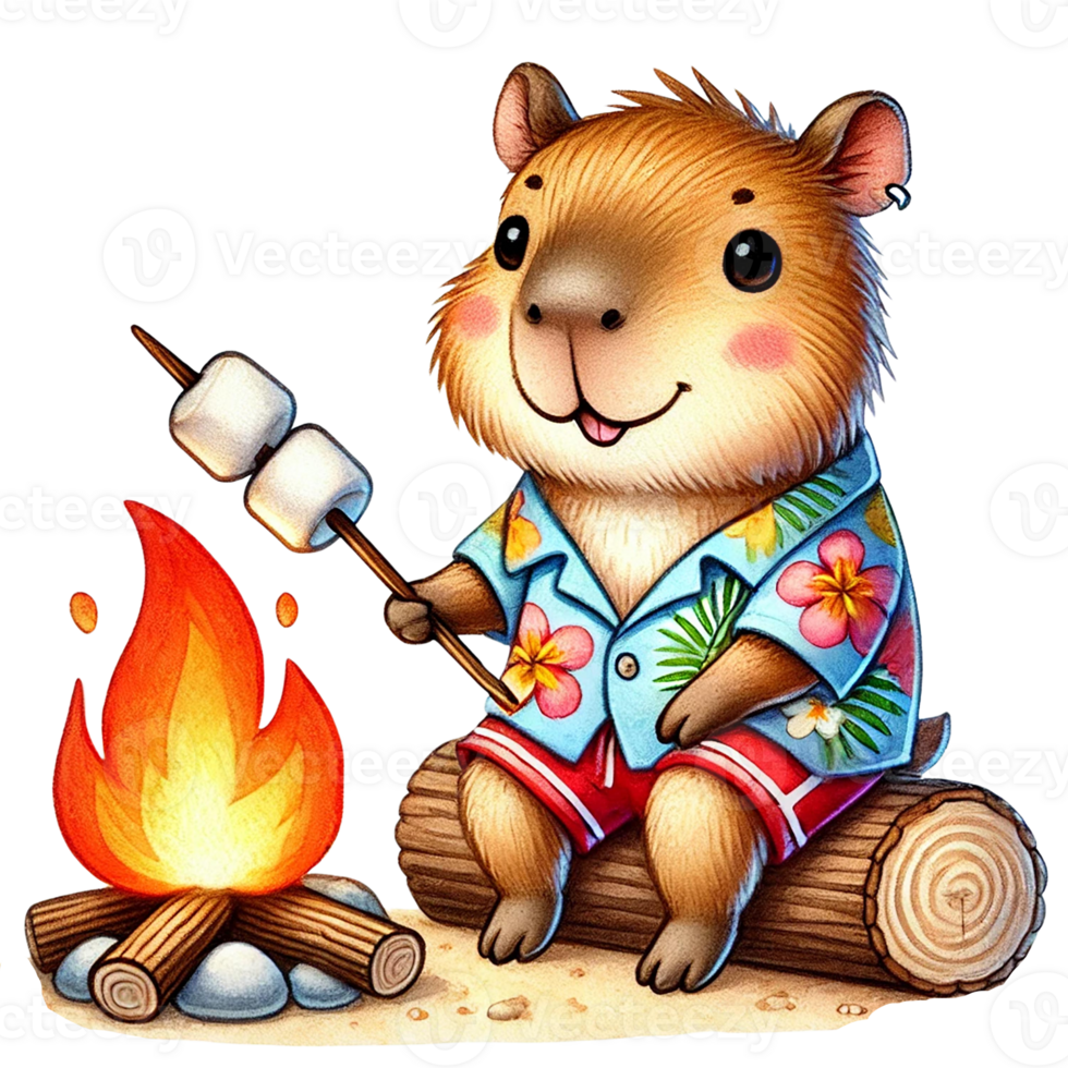 A cute animal enjoying a campfire and roasting marshmallows. png