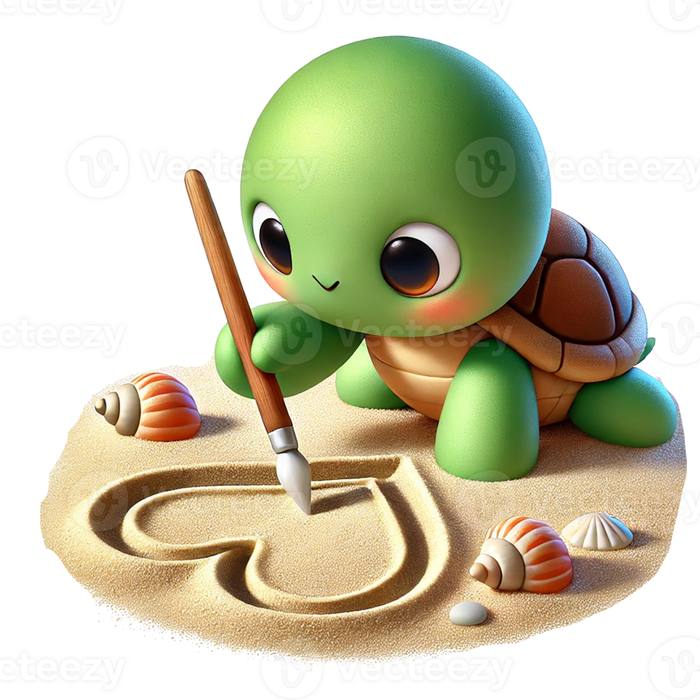A cute turtle drawing a heart in the sand by the beach. png