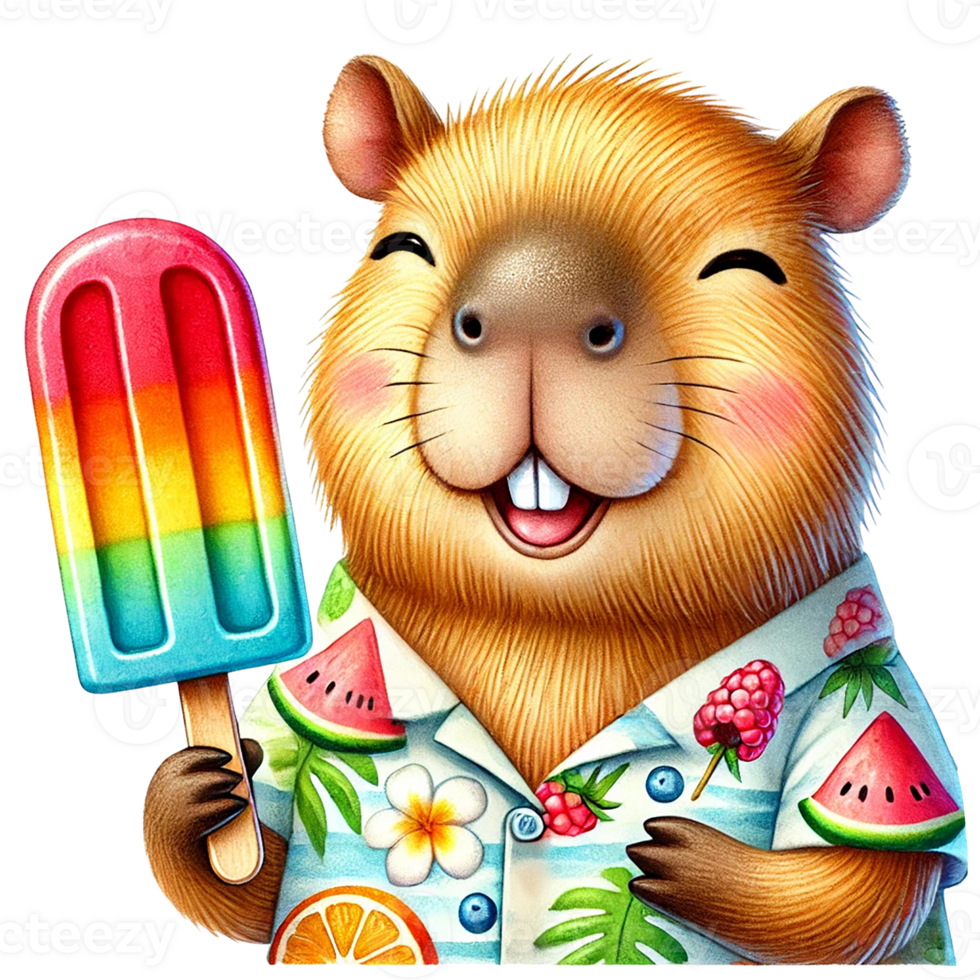 A cheerful capybara enjoying a colorful ice pop. png